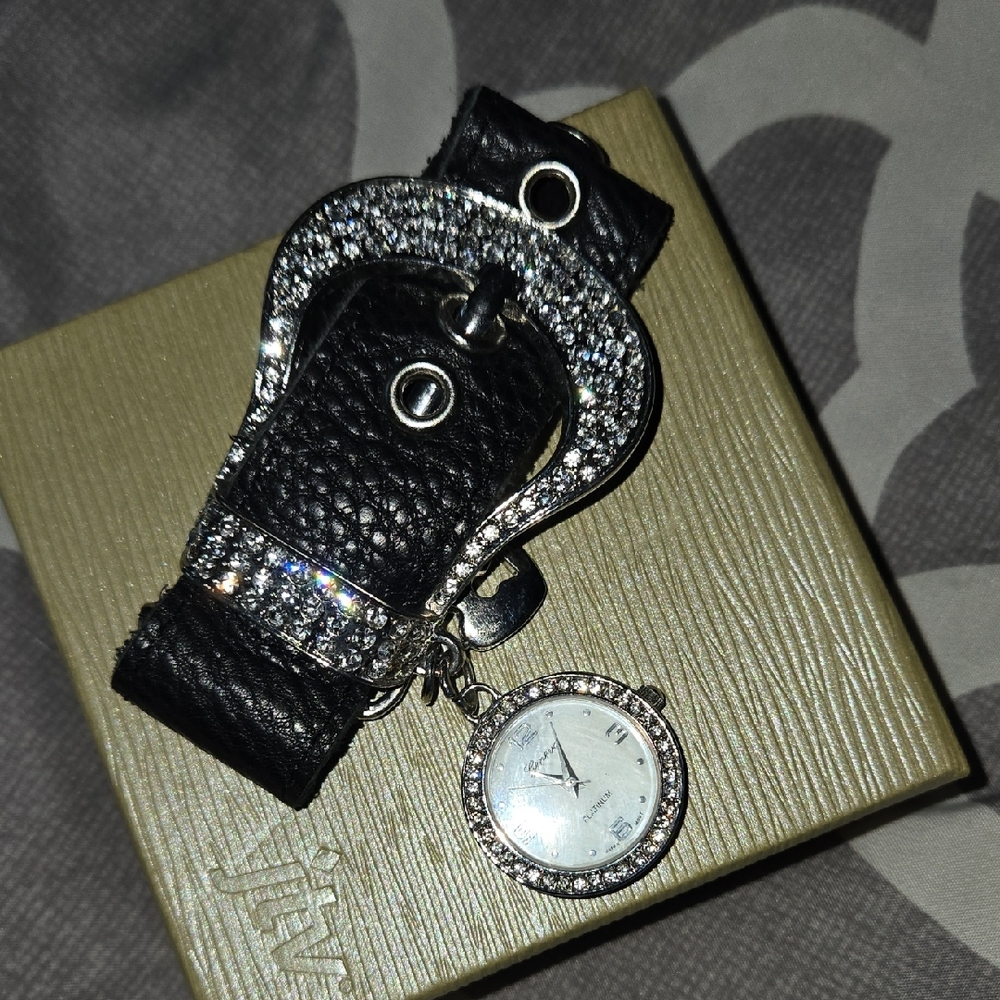 JTV Black Leather Watch with Silver Accents